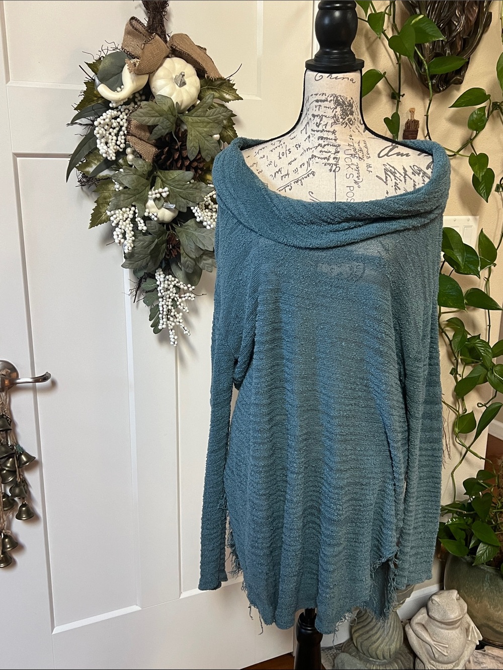 Free People Teal Blue Off-Shoulder Cowl Knit Sweater